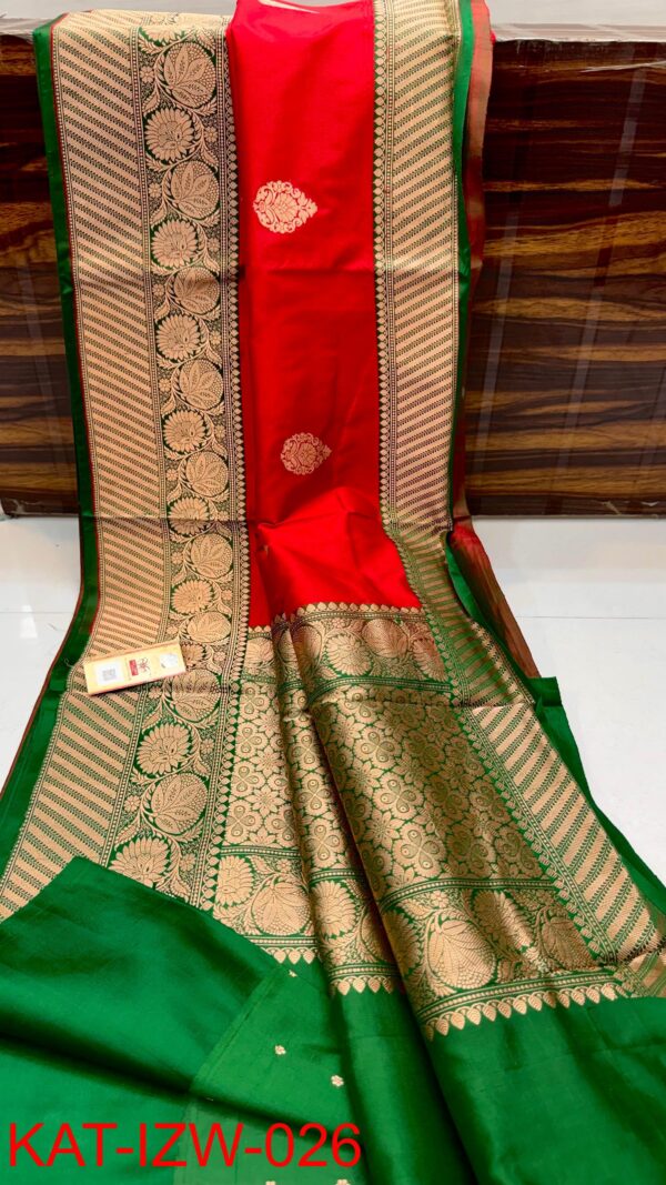 Red And Green Border IZA Pure Handloom Katan Silk Saree with Pure Antique Zari