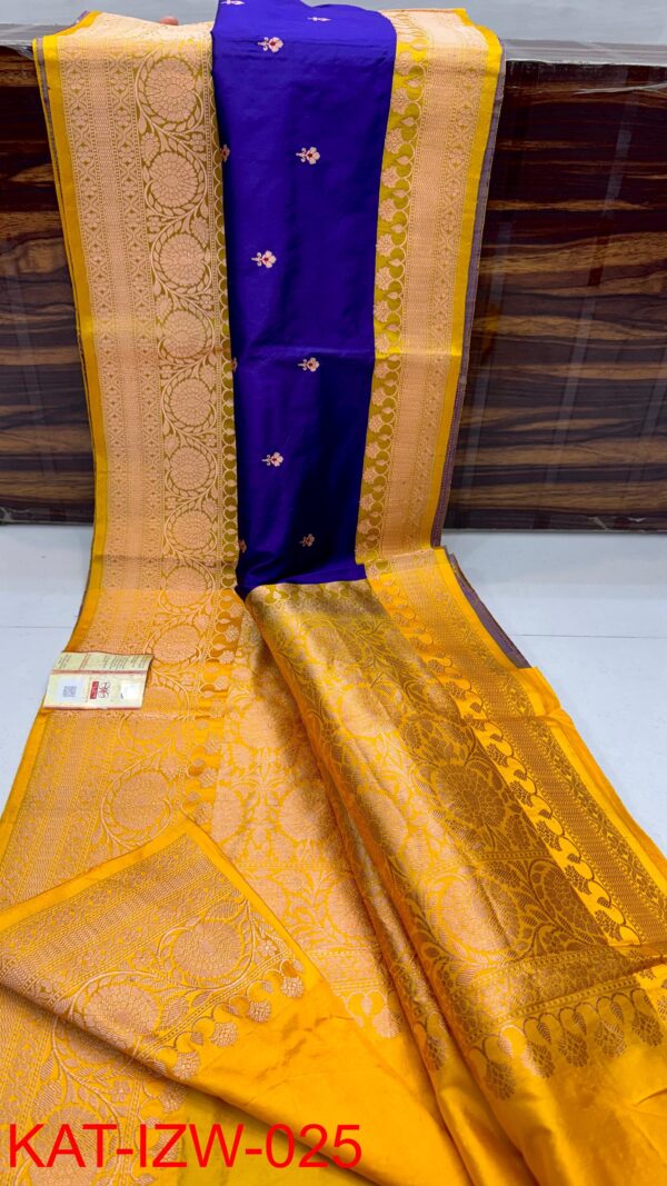 Royal Blue And Yellow Border IZA Pure Handloom Katan Silk Saree with Pure Antique Zari