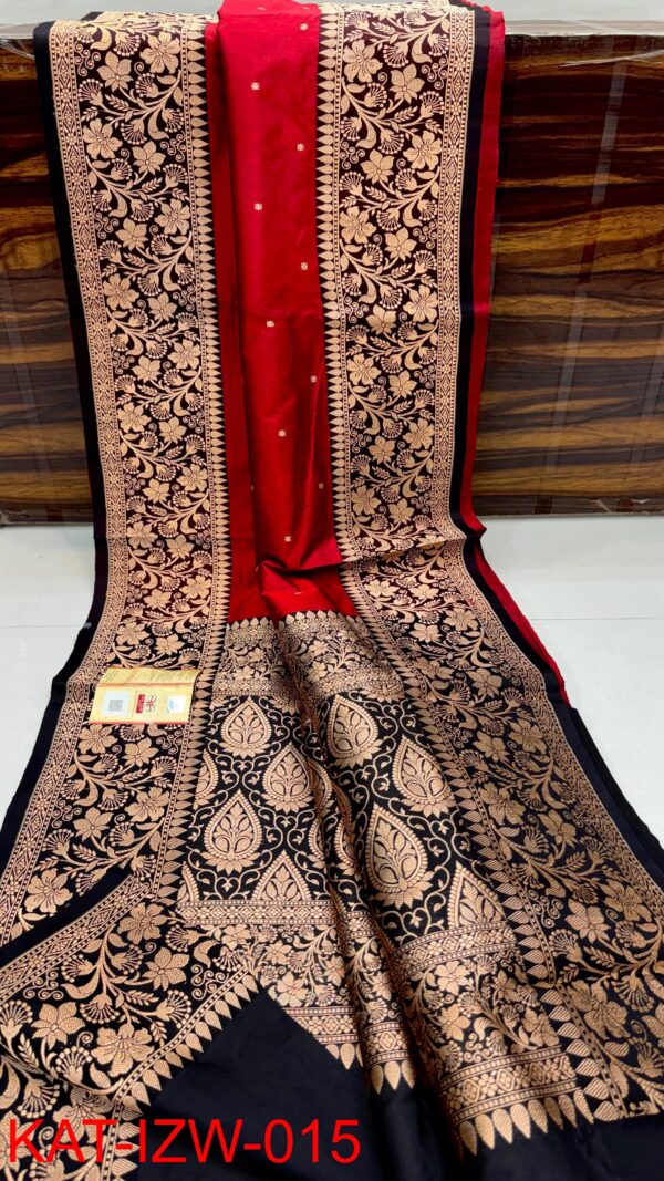 Vermillion Red And Black Border IZA Pure Handloom Katan Silk Saree with Pure Antique Zari