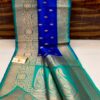 Royal Blue And Aqua Blue Border IZA Pure Handloom Katan Silk Saree with Pure Antique Zari