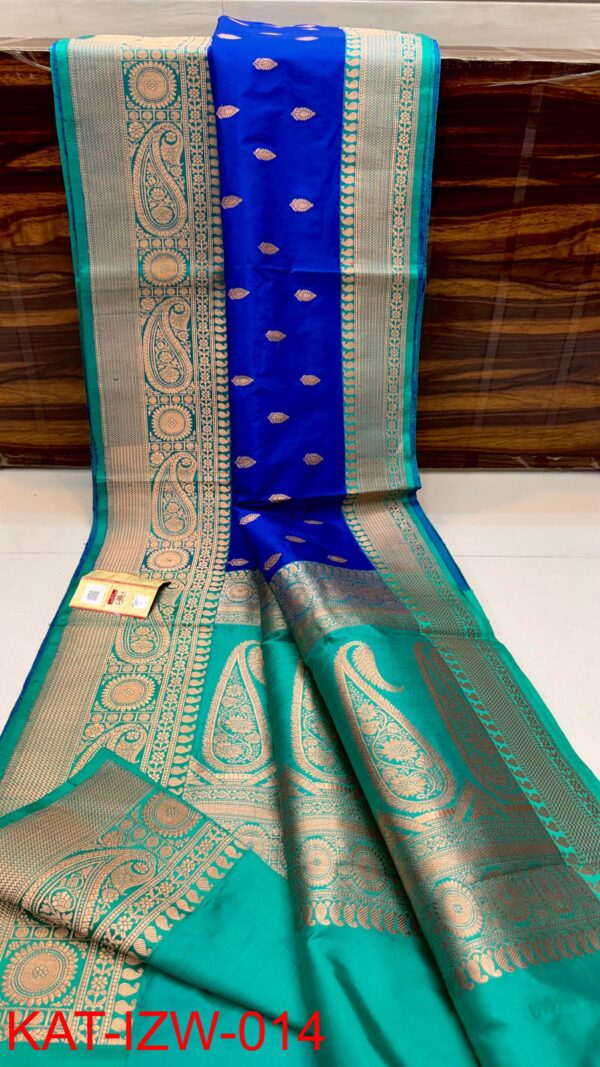 Royal Blue And Aqua Blue Border IZA Pure Handloom Katan Silk Saree with Pure Antique Zari