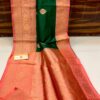 Deep Green And Light Orange Border IZA Pure Handloom Katan Silk Saree with Pure Antique Zari