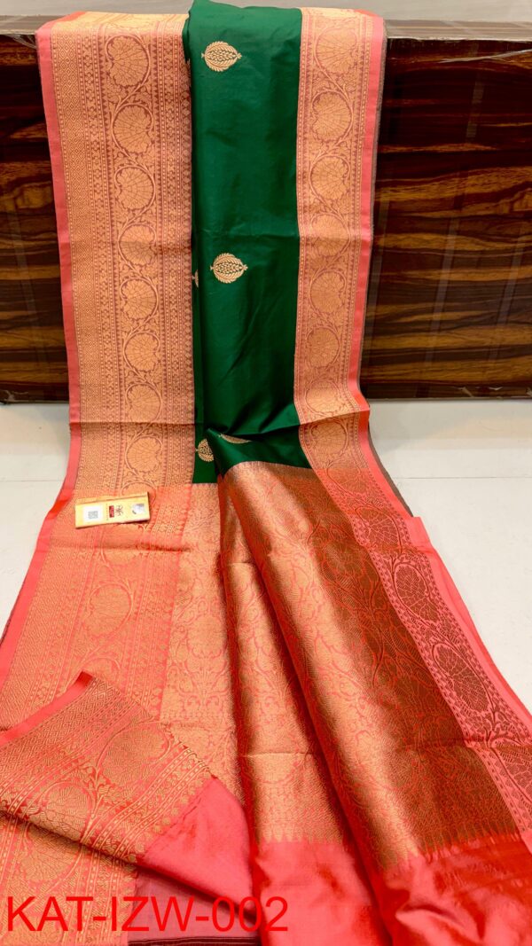 Deep Green And Light Orange Border IZA Pure Handloom Katan Silk Saree with Pure Antique Zari