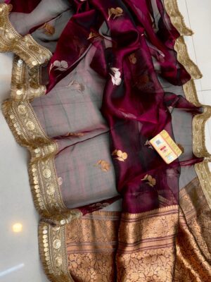 Deep Maroon Handloom Pure Tissue Silk Saree with Gold–Silver Zari