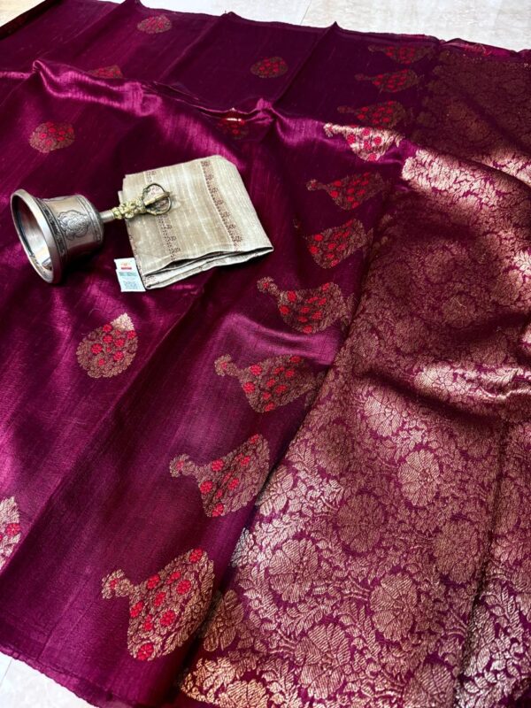 Deep Maroon Pure Handloom Tussar Raw Silk Banarasi Saree