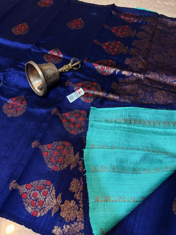 Blue Pure Handloom Tussar Raw Silk Banarasi Saree