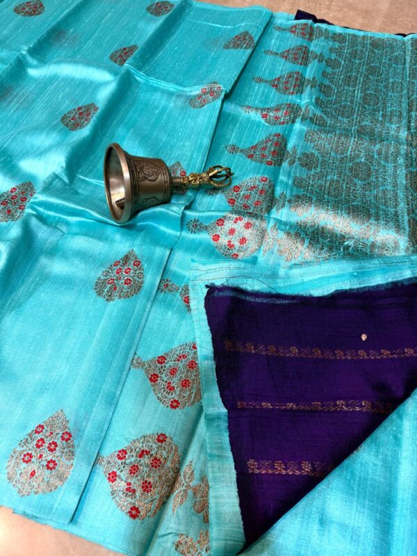 Aqua Blue Pure Handloom Tussar Raw Silk Banarasi Saree