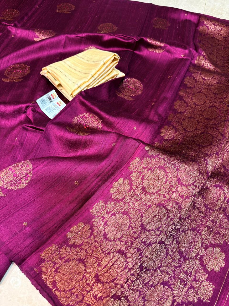 Magenta Pure Handloom Tussar Raw Silk Banarasi Saree