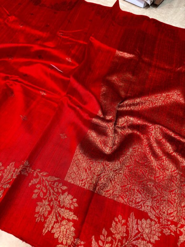 Bright Red Pure Handloom Tussar Raw Silk Banarasi Saree