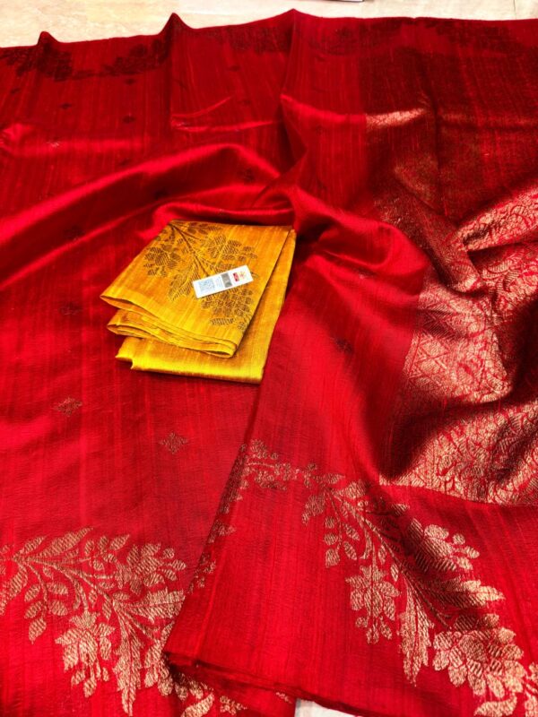 Bright Red Pure Handloom Tussar Raw Silk Banarasi Saree