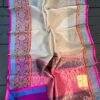 Light Beige And Pink Border Pure Handloom Kora Katan Silk Banarasi Saree