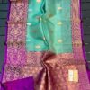 Light Turquoise And Deep Purple Border Pure Handloom Kora Katan Silk Banarasi Saree