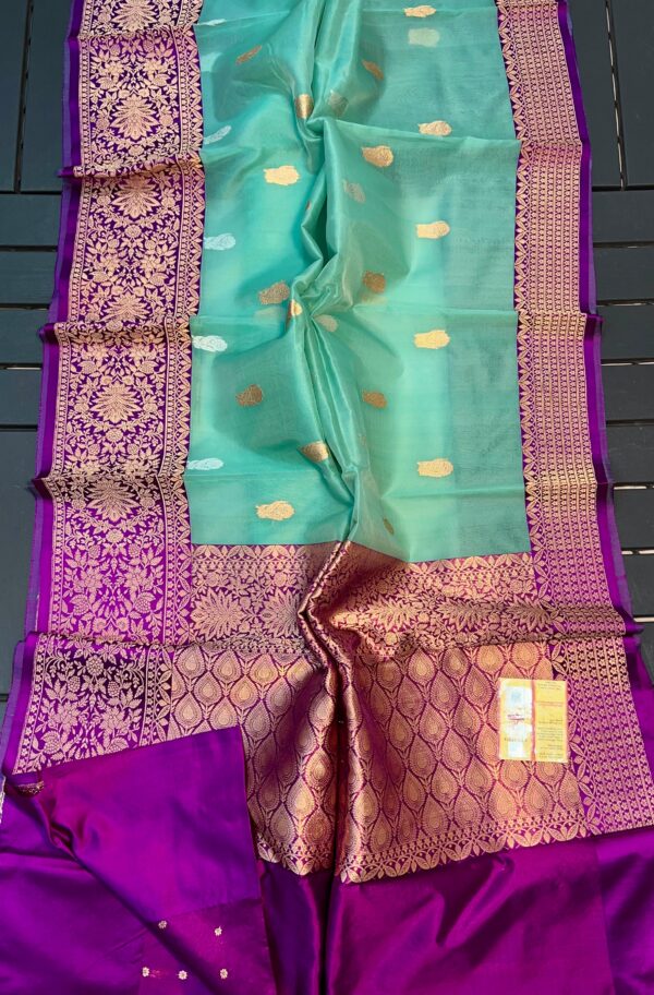 Light Turquoise And Deep Purple Border Pure Handloom Kora Katan Silk Banarasi Saree