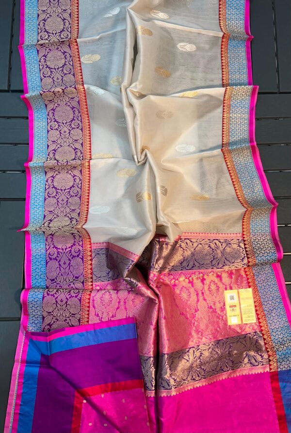Light Beige And Pink Border Pure Handloom Kora Katan Silk Banarasi Saree