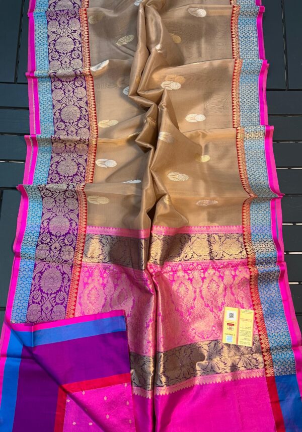 Brown And Bright Pink Border Pure Handloom Kora Katan Silk Banarasi Saree