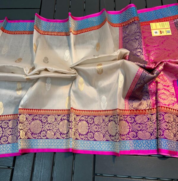 Light Beige And Pink Border Pure Handloom Kora Katan Silk Banarasi Saree