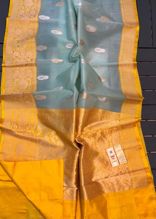 Grey And Yellow Border Pure Handloom Kora Katan Silk Banarasi Saree