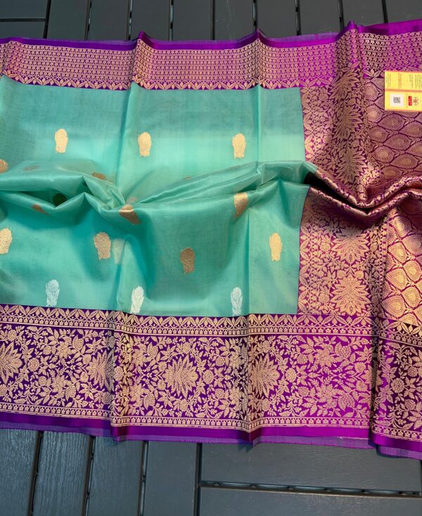 Light Turquoise And Deep Purple Border Pure Handloom Kora Katan Silk Banarasi Saree