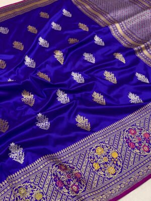 Royal Blue Pure Handloom Katan Silk Banarasi Saree Marine Blue Minakari Border