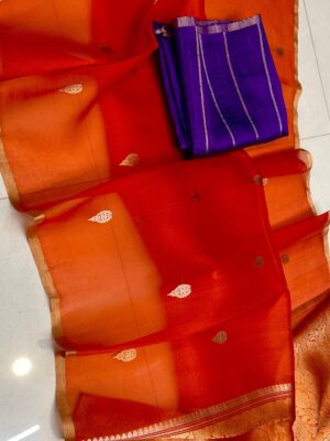 Orange Handloom Banarasi Pure Organza (Kora) Silk Saree with Meena Boota & Gold–Silver Zari