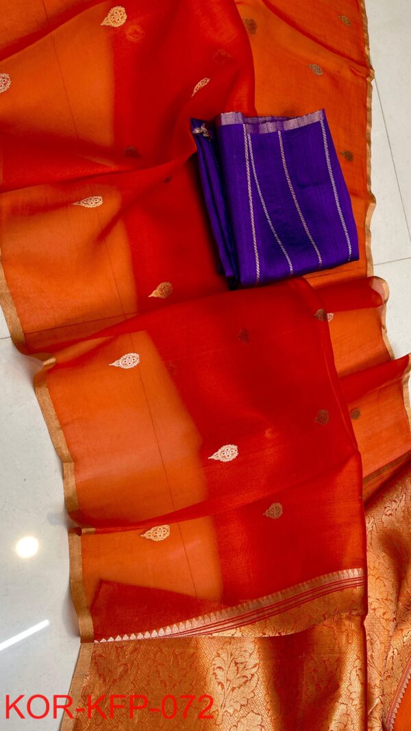 Orange Handloom Banarasi Pure Organza (Kora) Silk Saree with Meena Boota & Gold–Silver Zari