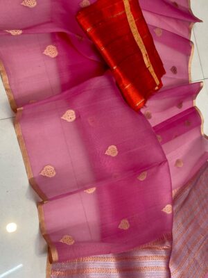 Light Pink Handloom Banarasi Pure Organza Kora Silk Saree with Meena Boota & Zari Work