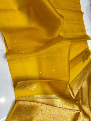 Mustard Yellow Handloom Banarasi Pure Organza (Kora) Silk Saree with Meena Boota & Gold–Silver Zari