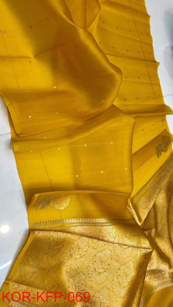 Mustard Yellow Handloom Banarasi Pure Organza (Kora) Silk Saree with Meena Boota & Gold–Silver Zari