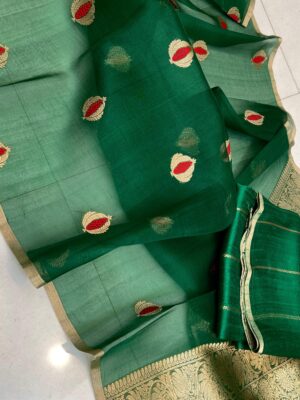 Green Handloom Banarasi Pure Organza (Kora) Silk Saree with Meena Boota & Gold–Silver Zari