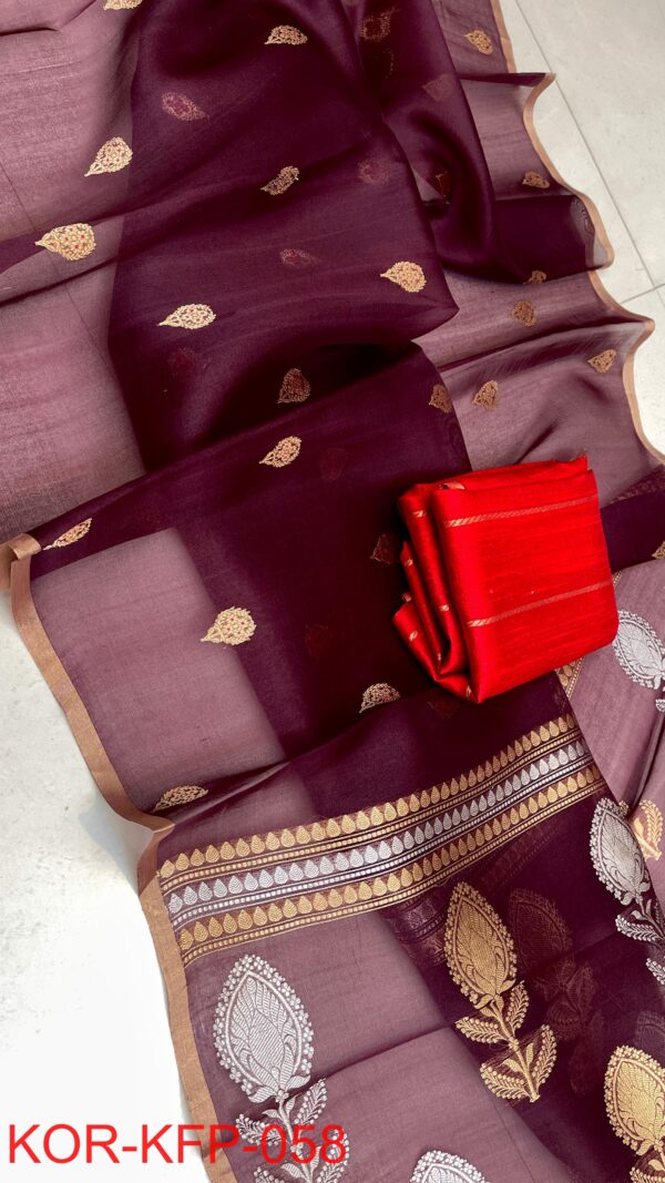 Deep Maroon Handloom Banarasi Pure Organza Kora Silk Saree with Meena Boota & Zari Work