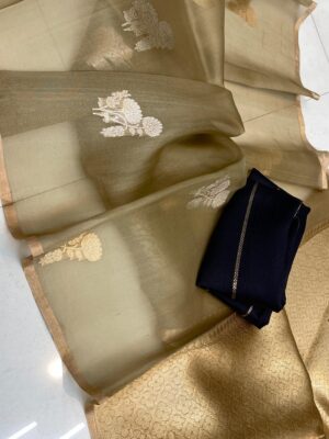 Light Golden Handloom Banarasi Pure Organza (Kora) Silk Saree with Meena Boota & Gold–Silver Zari