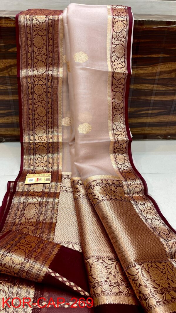 White colour with Deep maroon Handloom Kora Banarasi Silk Saree with Kalakari Maheen Work