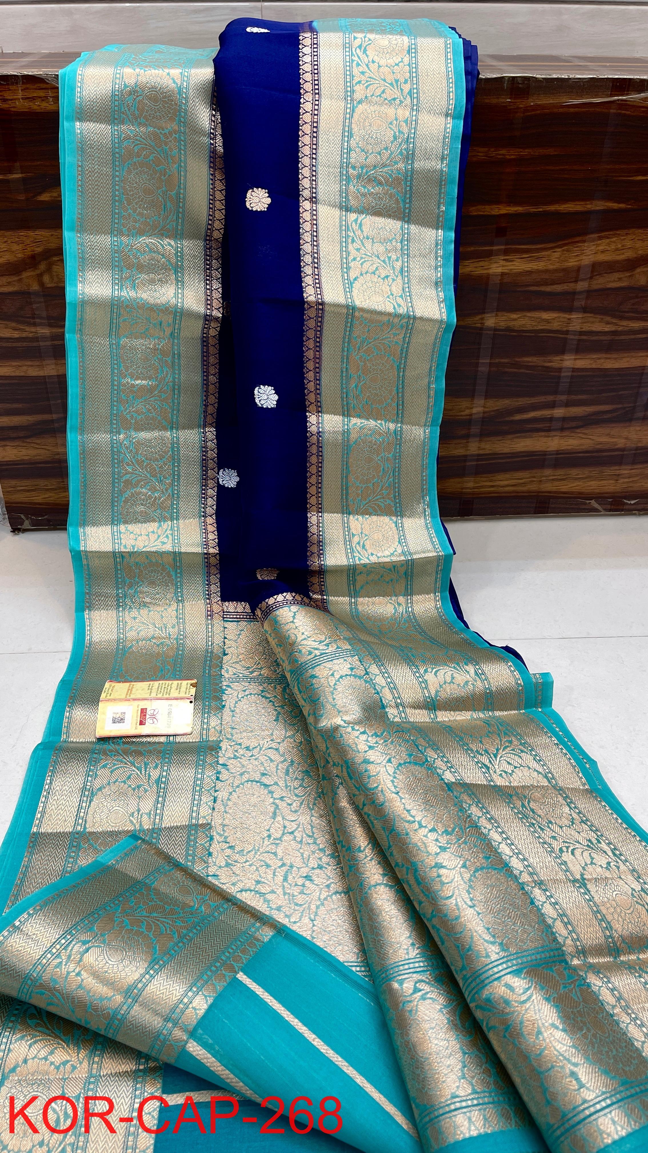 Royal Blue and Turquoise Handloom Kora Banarasi Silk Saree with Kalakari Maheen Work