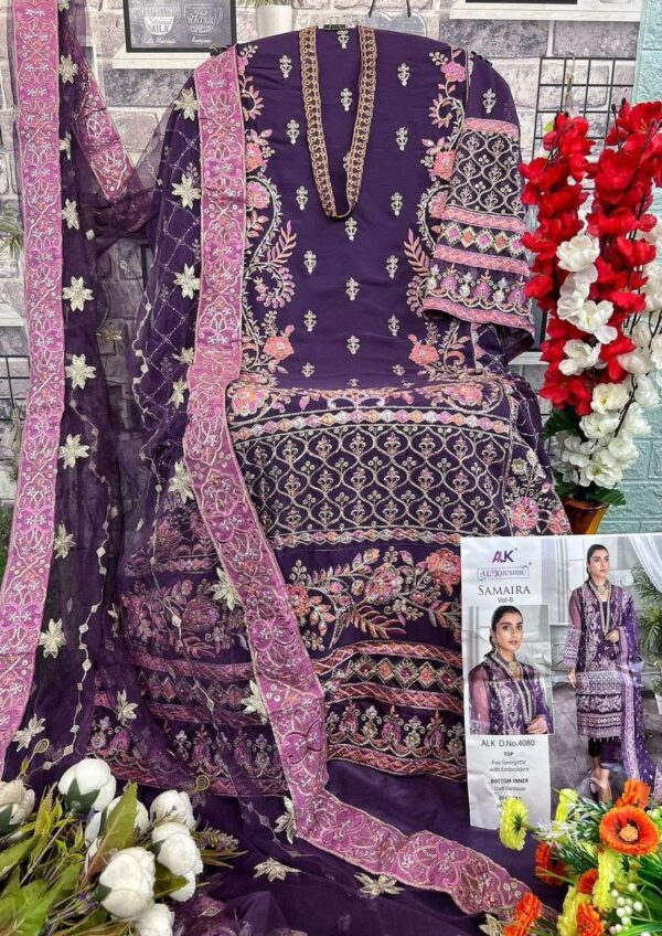 Purple Designer Georgette Embroidered Suit Set with Moti Work & Butterfly Dupatta