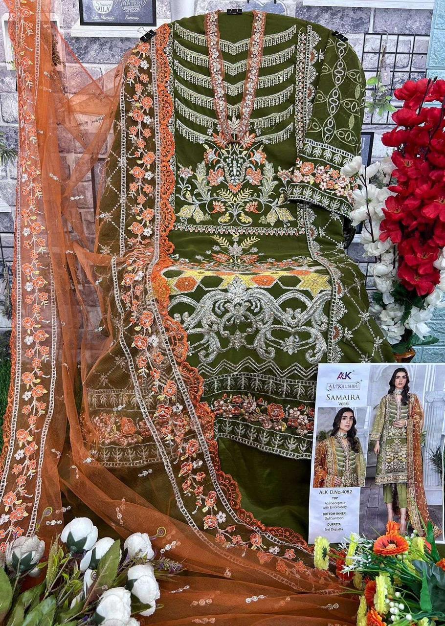 Olive Green Designer Georgette Embroidered Suit Set with Moti Work & Butterfly Dupatta