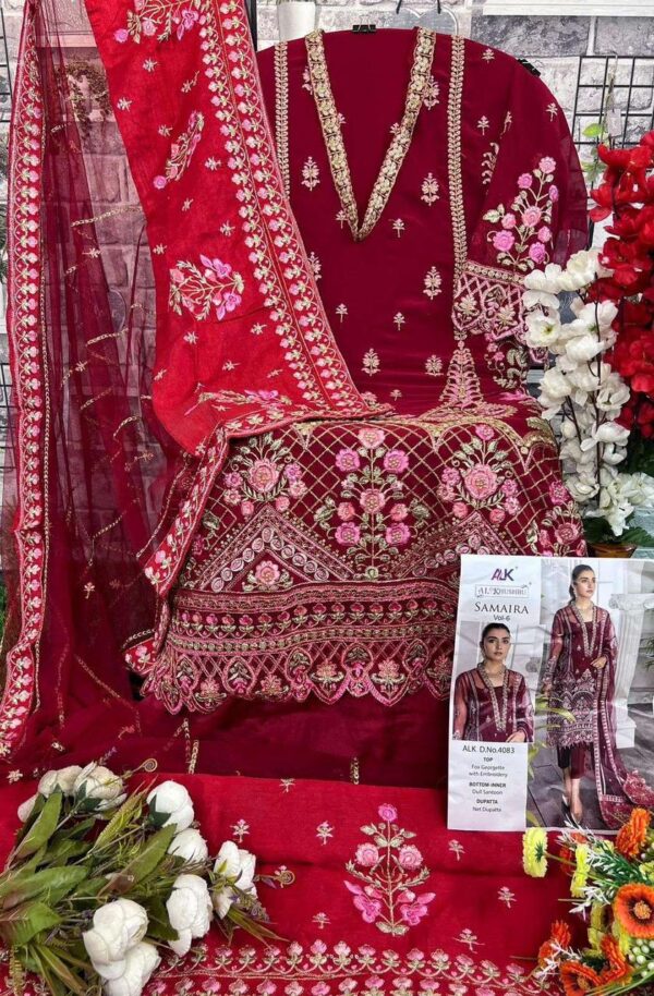 Red Designer Georgette Embroidered Suit Set with Moti Work & Butterfly Dupatta