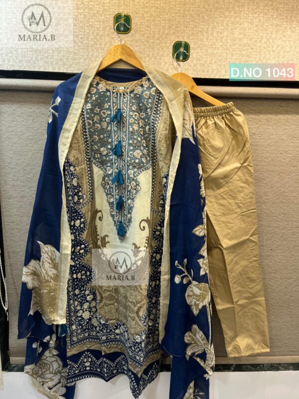 Navy Blue And Off White And Light Brown Cotton Suit Set with Fancy Dupatta