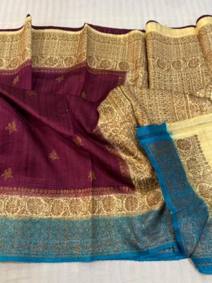 Wine and Gold Handloom Banarasi Pure Raw Silk Saree with Copper Zari Border