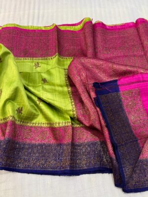 Lime Green with Magenta Pink  Handloom Banarasi Pure Raw Silk Saree with Copper Zari Border
