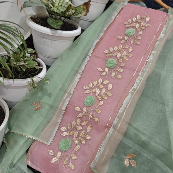 Blush Pink and Mint Green Kota Tissue Dress Material with Gotta Work – Shirt & Dupatta Set