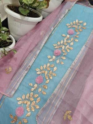 Aqua Blue and Pink Kota Tissue Dress Material with Gotta Work – Shirt & Dupatta Set