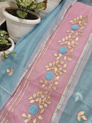 Dusty Rose Pink and Light Blue Kota Tissue Dress Material with Gotta Work – Shirt & Dupatta Set