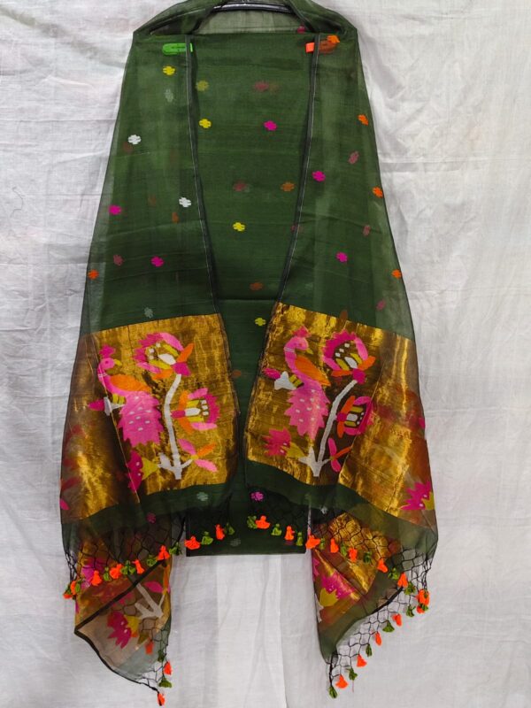 Olive Green Pythani Muslin Jamdani Handwoven Top & Dupatta Set