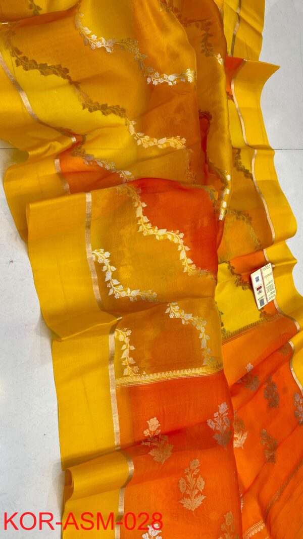 Yellow and Orange Pure Rangkat Kora Handloom Silk Saree with Aara ...