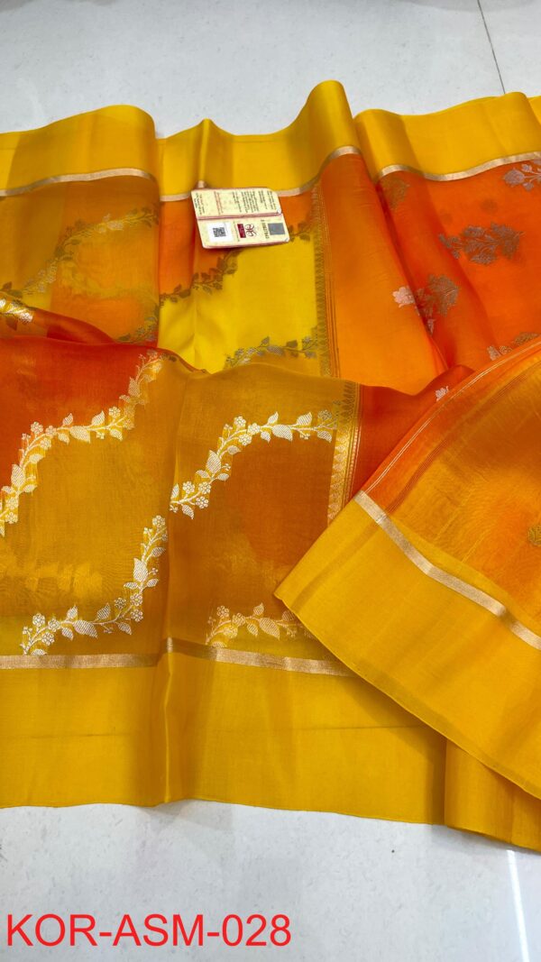 Yellow and Orange Pure Rangkat Kora Handloom Silk Saree with Aara ...