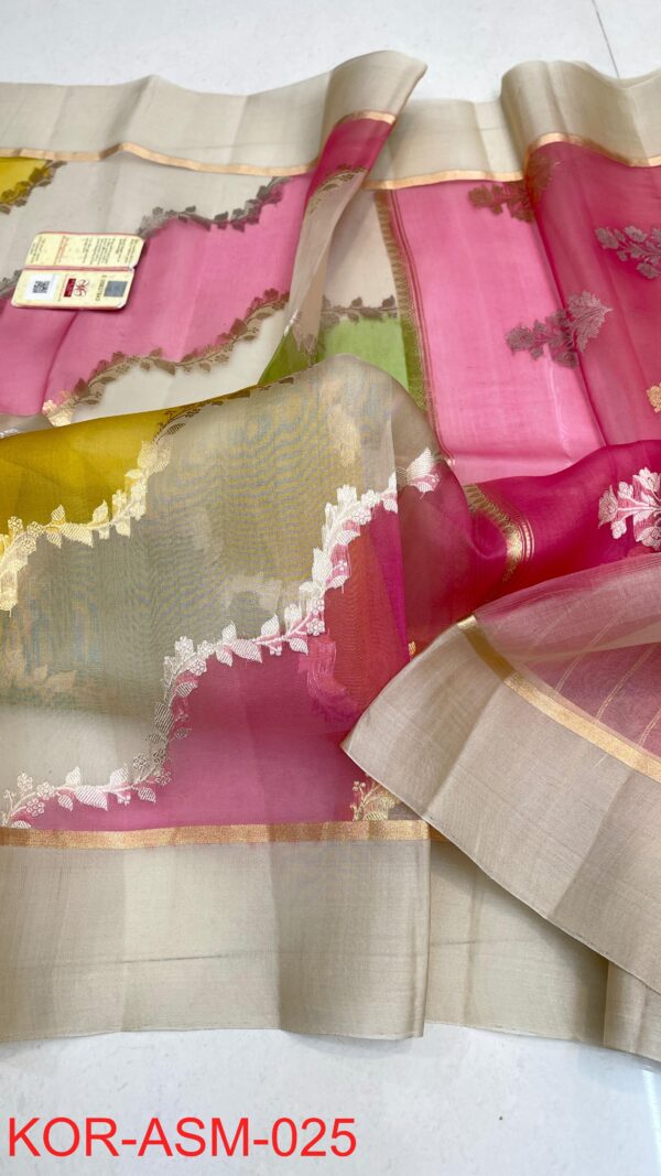 Multicolour Pure Rangkat Kora Handloom Silk Saree with Aara Design ...