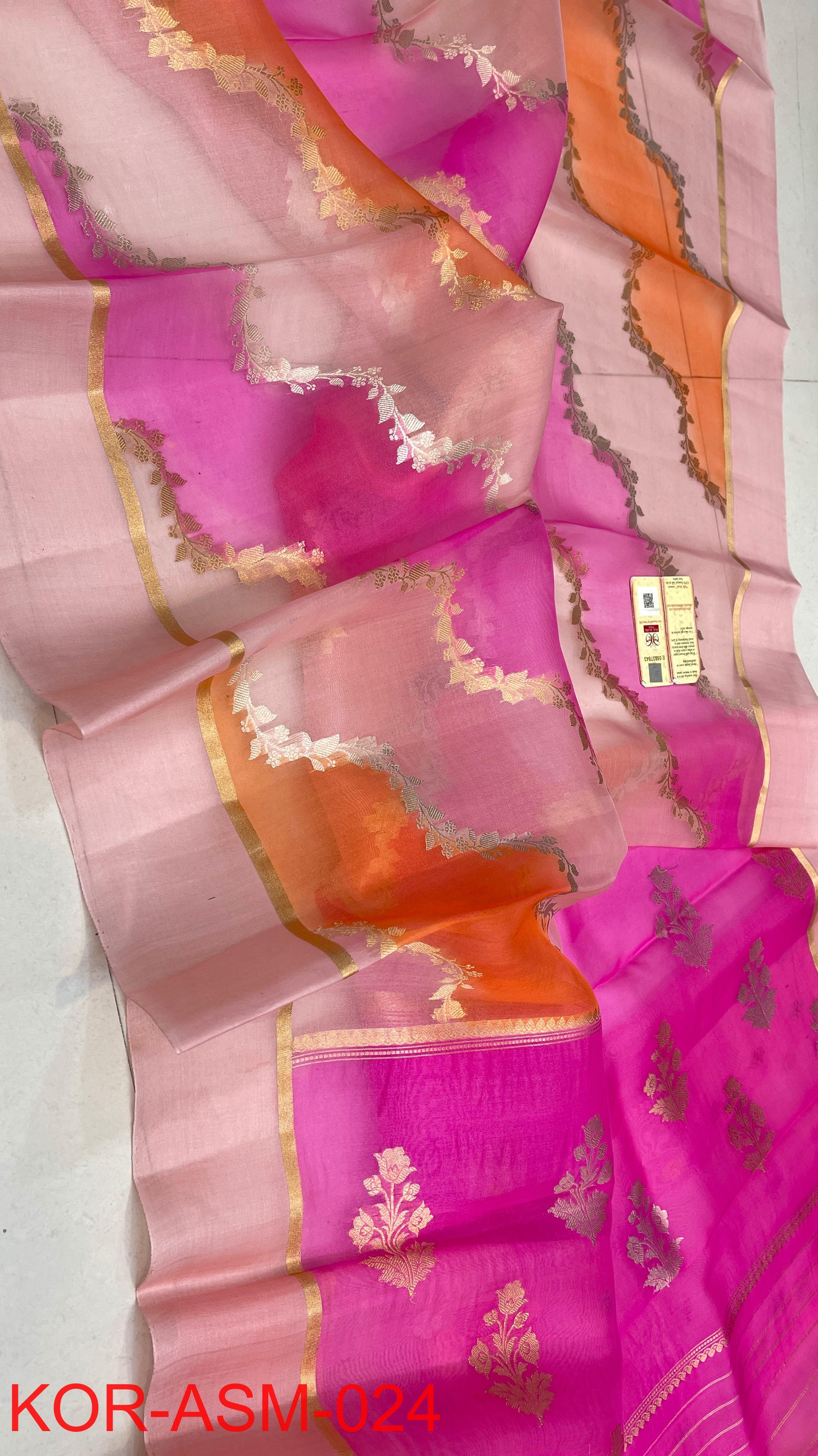 Pink and Orange Pure Rangkat Kora Handloom Silk Saree with Aara Design ...
