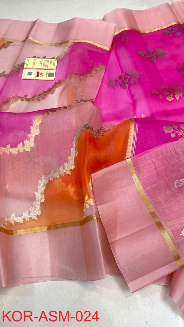 Pink and Orange Pure Rangkat Kora Handloom Silk Saree with Aara Design ...