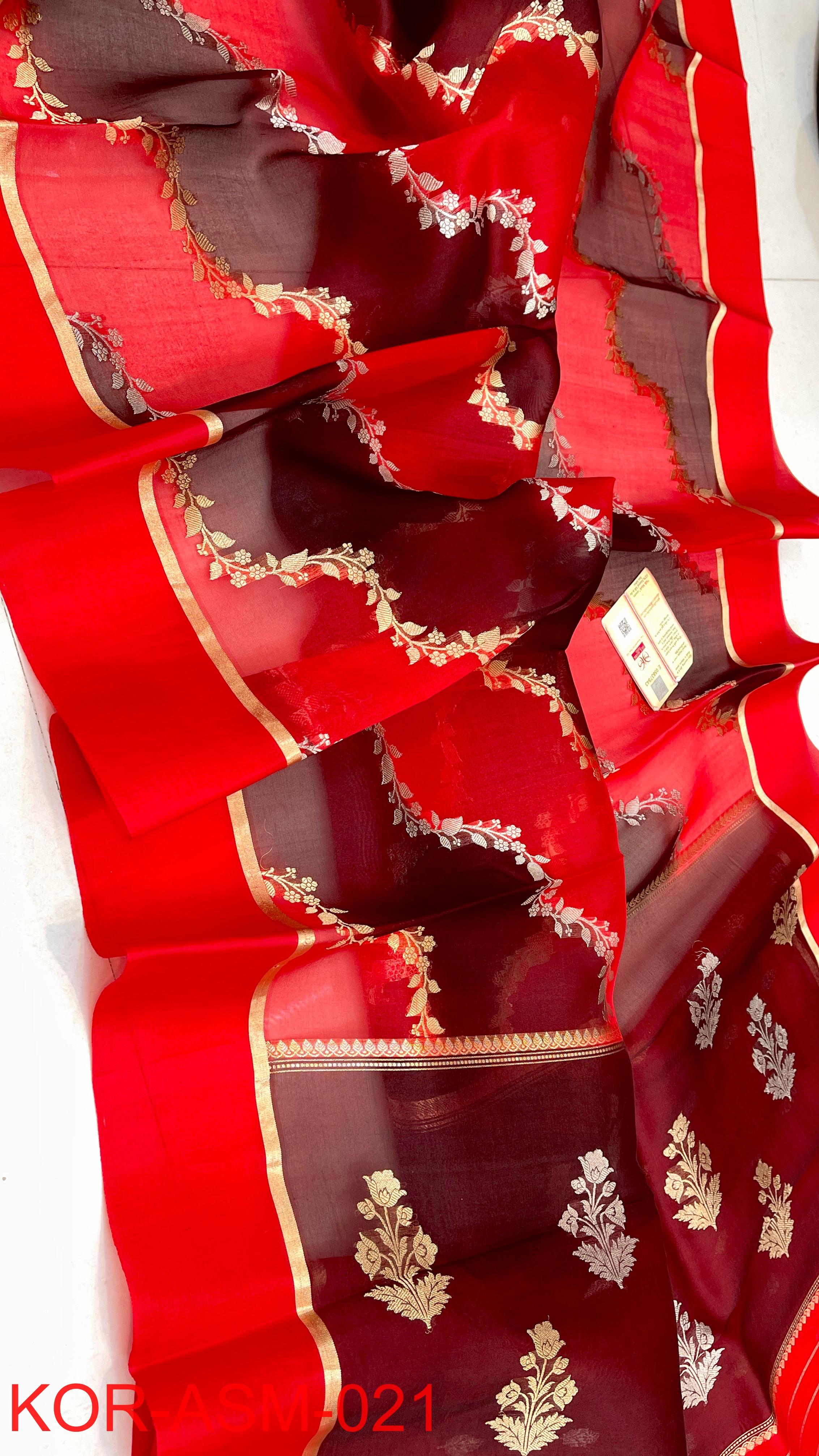 Red and Maroon Pure Rangkat Kora Handloom Silk Saree with Aara Design ...