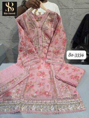 Onion Pink Bin Saeed 3334 Ready-Made Organza Suit Set | Handwork Designer Collection